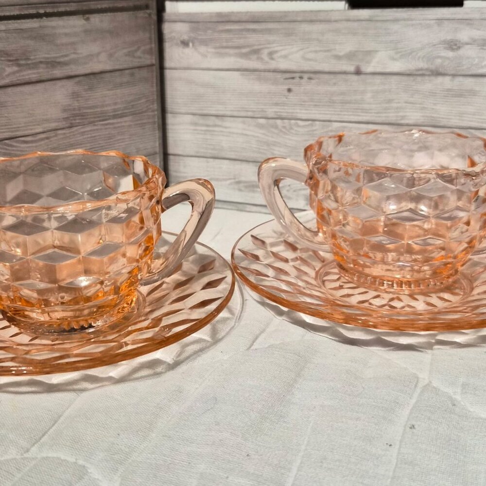 Double Handle Depression Glass Cups with Saucers